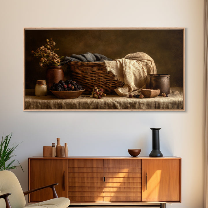 Blackberry Basket with Linen Cloth Canvas Print, Country Art, Contemporary Art, Farmhouse Decor, Abstract Art, Country, COU-2x1-17