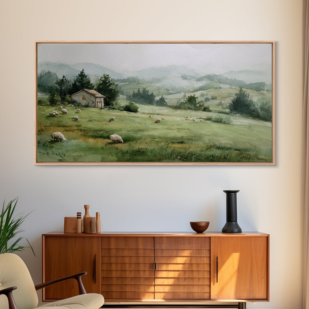 Watercolor Sheep in a Green Pasture Framed Canvas Print, Country Art, French Country, Farmhouse Decor, Fine Art, Country, COU-2x1-19