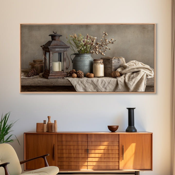Old Lantern and Pinecones Still Life Framed Canvas Print, Country Art, Fine Art Print, Farmhouse Decor, Fine Art, Country, COU-2x1-20