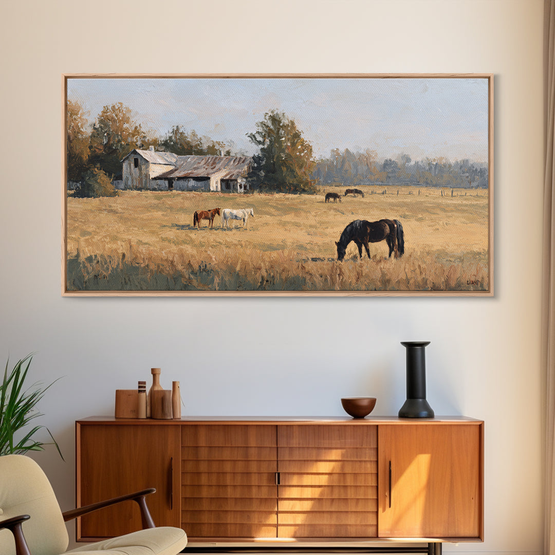 Rolling Pasture with Grazing Horses at Sunrise Canvas Print, Country Art, Wall Art, Farmhouse Decor, Oil Painting, Country, COU-2x1-21