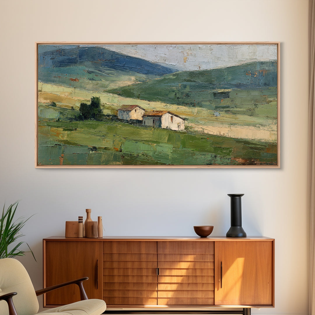 Country Road Disappearing into Green Hills Framed Canvas Print, Country Art, Modern Decor, Farmhouse Decor, Oil Painting, COU-2x1-27