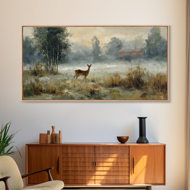 Deer Crossing a Misty Morning Field Canvas Print, Country Art, Original Painting, Farmhouse Decor, Fine Art, Country, COU-2x1-31