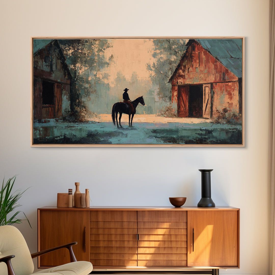 Horse and Rider Silhouette at Dusk Framed Canvas Print, Country Art, Minimalist Decor, Farmhouse Decor, Fine Art, Country, COU-2x1-37