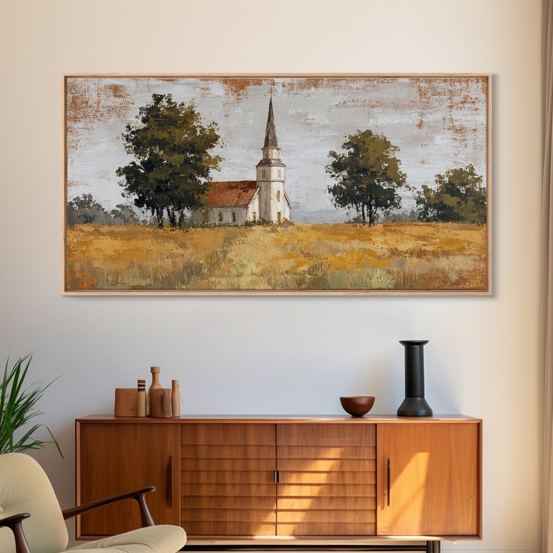 Country Church Steeple Beyond Trees Canvas Print, Country Art, Digital Prints, Farmhouse Decor, Oil Painting, Country, COU-2x1-39