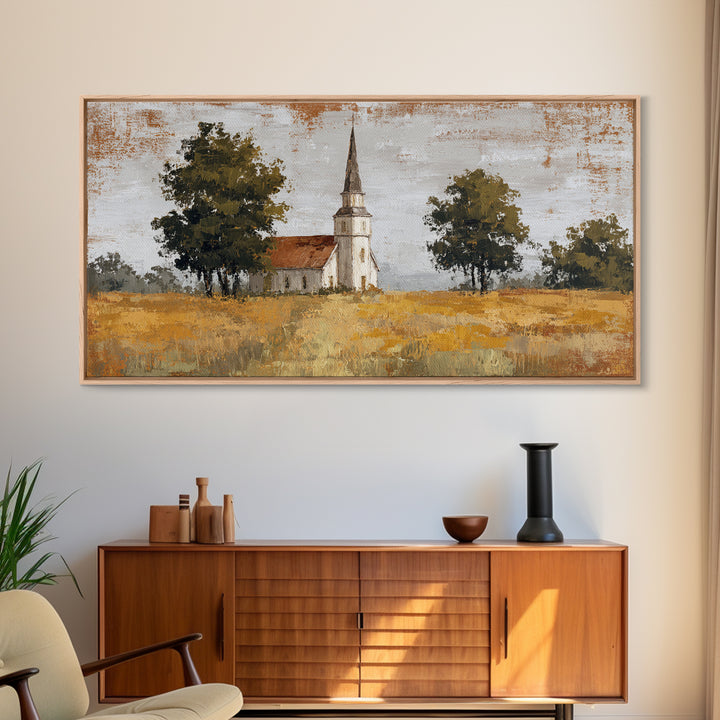 Country Church Steeple Beyond Trees Canvas Print, Country Art, Digital Prints, Farmhouse Decor, Oil Painting, Country, COU-2x1-39