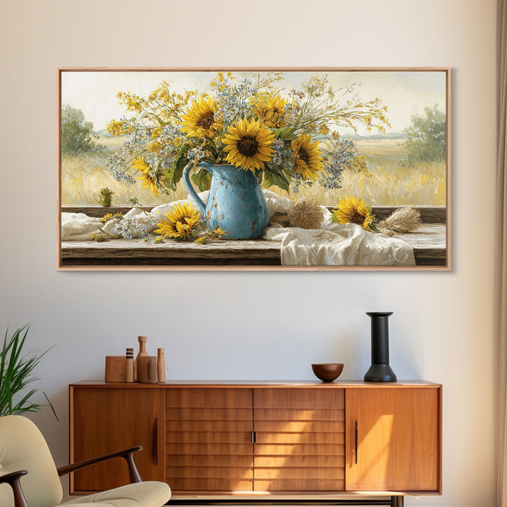 Sunflowers in a Blue Enamel Pitcher Canvas Print, Country Art, Boho Decor, Farmhouse Decor, Oil Painting, Country, Art Prints, COU-2x1-4