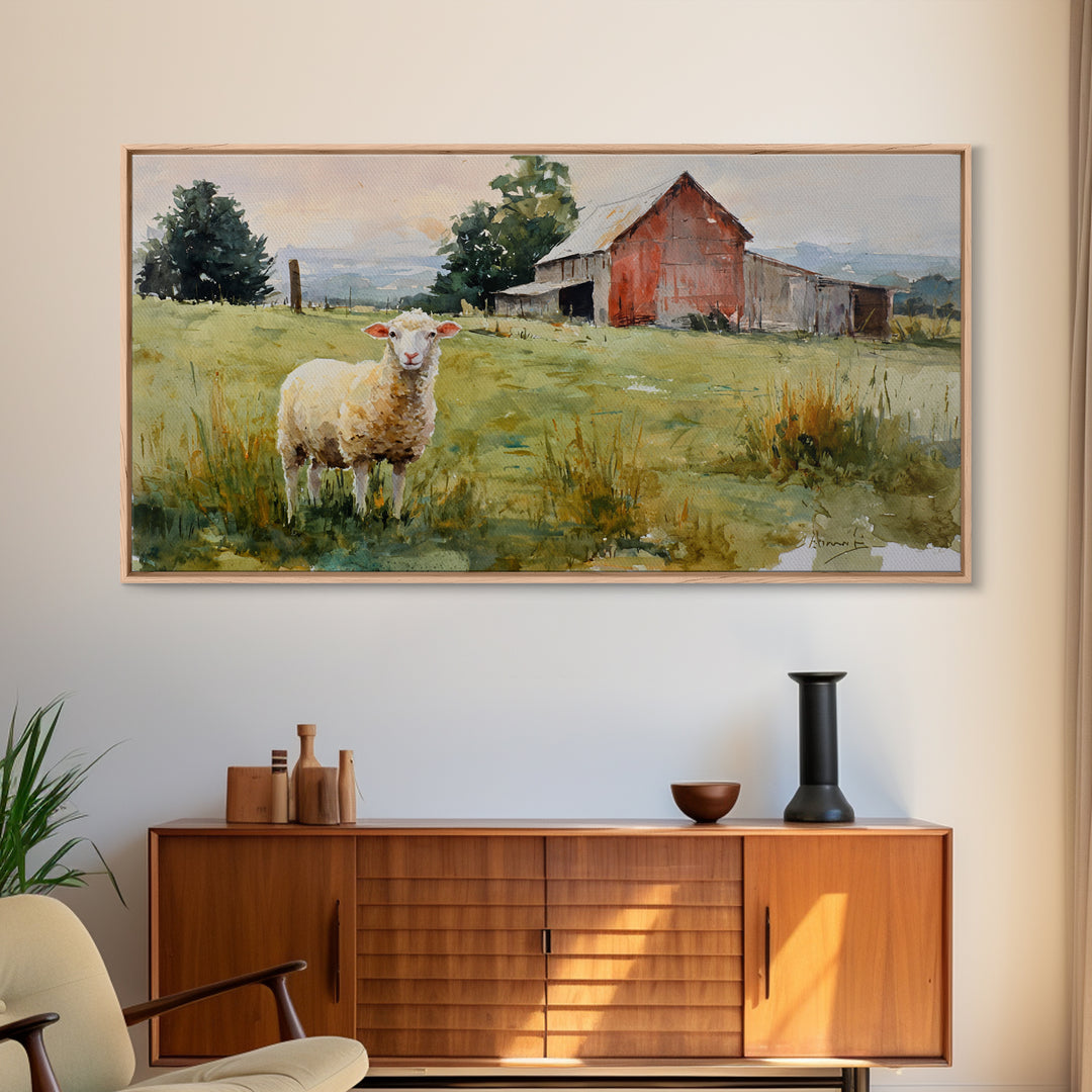 Watercolor Sheep in a Green Pasture Framed Canvas Print, Country Art, Art Prints, Farmhouse Decor, Fine Art, Country, COU-2x1-43