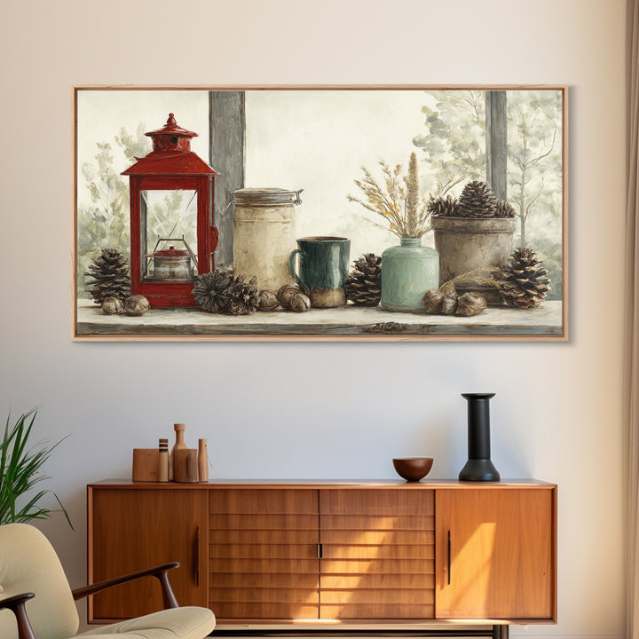 Old Lantern and Pinecones Still Life Canvas Print, Country Art, Textured Painting, Farmhouse Decor, Abstract Art, Country, COU-2x1-44