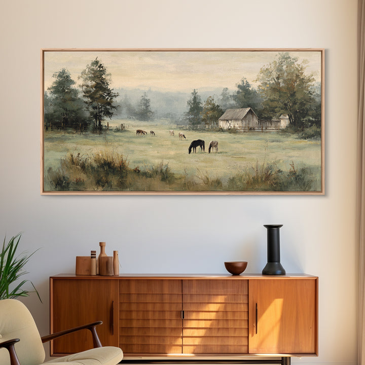 Rolling Pasture with Grazing Horses at Sunrise Framed Canvas Print, Country Art, Art Print, Farmhouse Decor, Fine Art, Country, COU-2x1-45