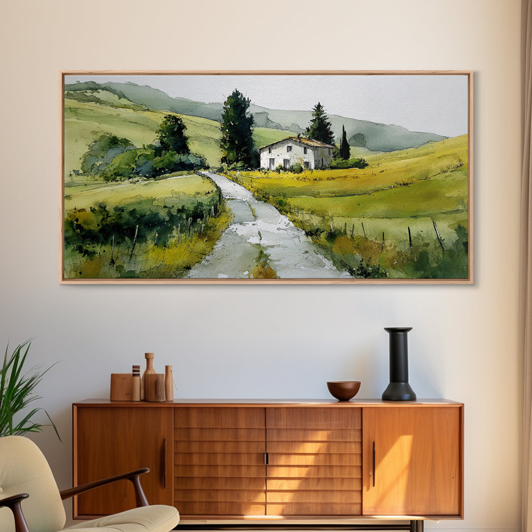Country Road Disappearing into Green Hills Framed Canvas Print, Country Art, Farmhouse Decor, Watercolor Art, Country, COU-2x1-51