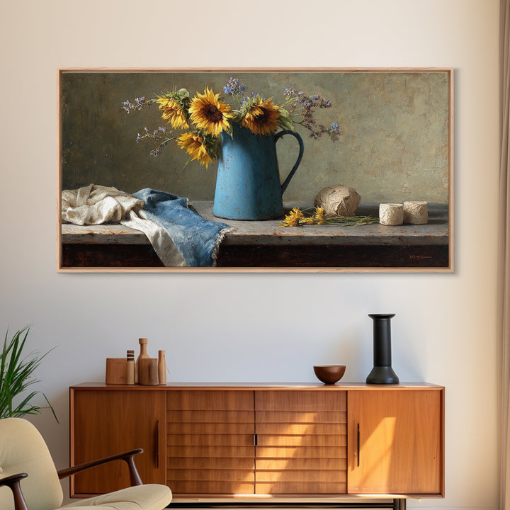 Sunflowers in a Blue Enamel Pitcher Canvas Print, Country Art, Digital Prints, Farmhouse Decor, Watercolor Art, Country, COU-2x1-52