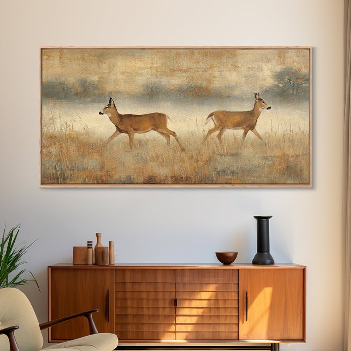 Deer Crossing a Misty Morning Field Framed Canvas Print, Country Art, Printable Art, Farmhouse Decor, Fine Art, Country, COU-2x1-55