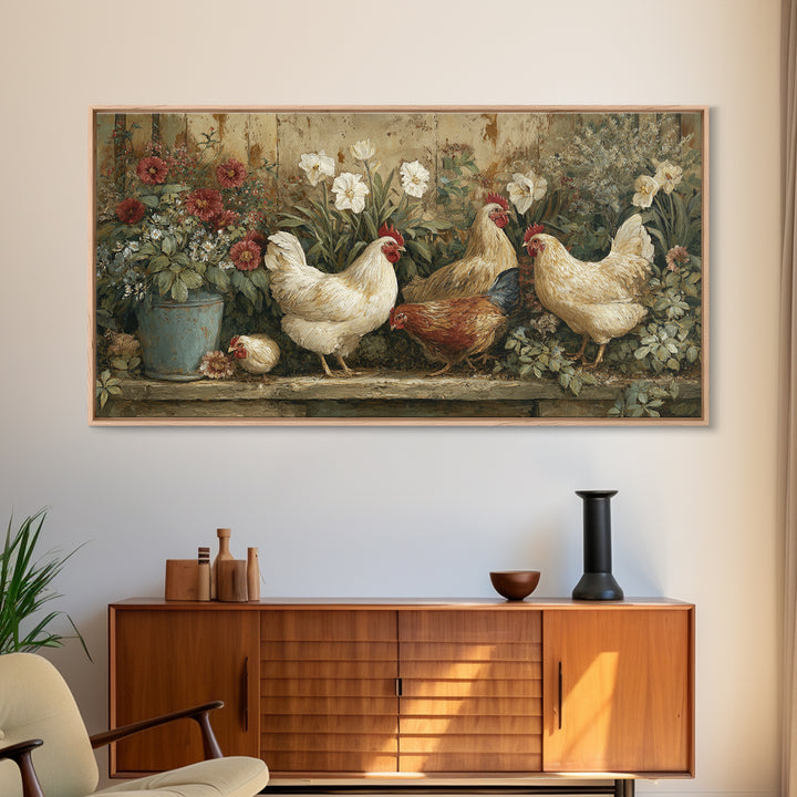 Chickens Pecking Near Garden Flowers Canvas Print, Country Art, Wall Art, Farmhouse Decor, Watercolor Art, Country, COU-2x1-58
