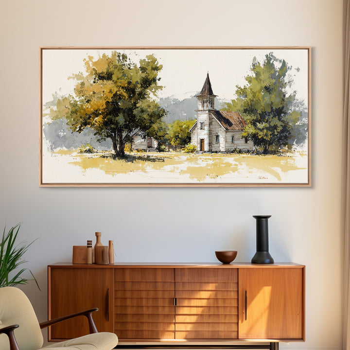 Country Church Steeple Beyond Trees Canvas Print, Country Art, Farmhouse Decor, Country, Gallery Wall Art, Landscape Wall Art, COU-2x1-63