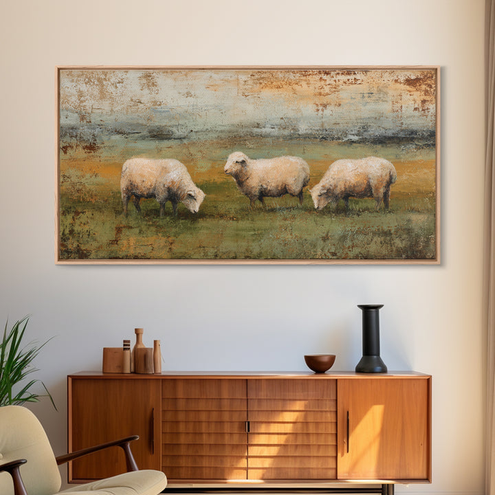 Watercolor Sheep in a Green Pasture Framed Canvas Print, Country Art, Gallery Wall Art, Farmhouse Decor, Fine Art, Country, COU-2x1-67