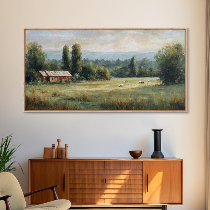 Rolling Pasture with Grazing Horses at Sunrise Canvas Print, Country Art, Large Wall Art, Farmhouse Decor, Fine Art, Country, COU-2x1-69