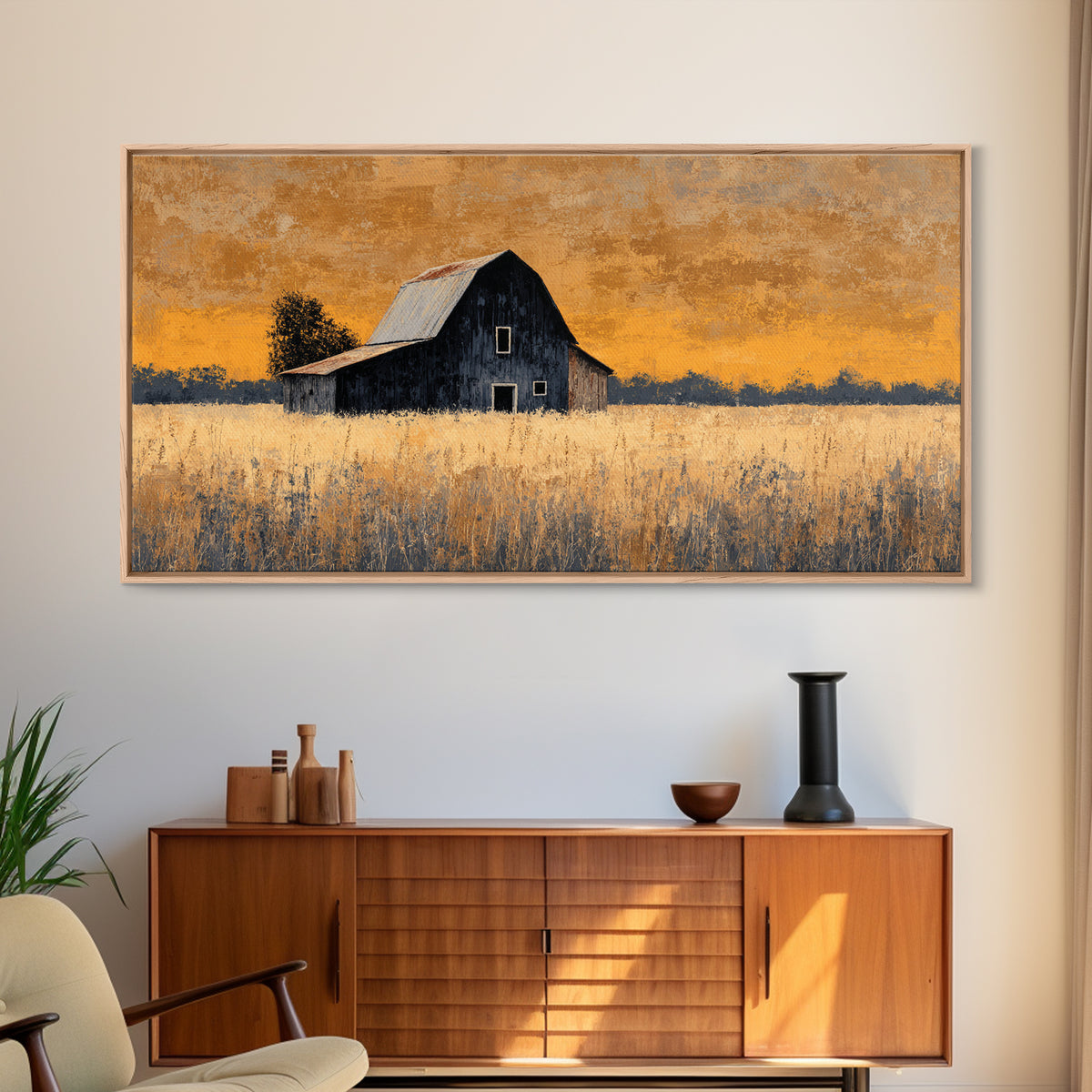 Rustic Barn Silhouette Canvas Print, Country Art, Landscape Painting, Farmhouse Decor, Abstract Art, Country, Statement Artwork, COU-2x1-71
