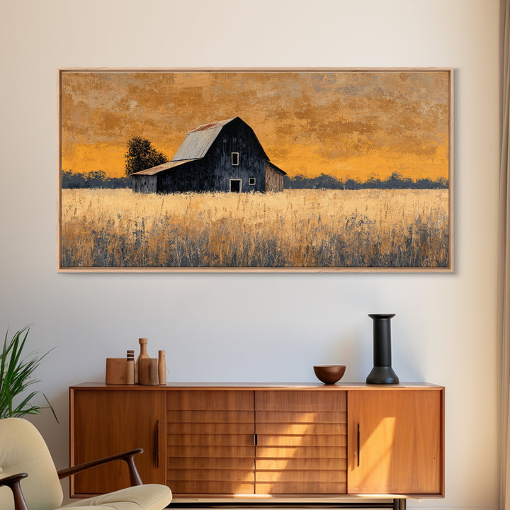 Rustic Barn Silhouette Canvas Print, Country Art, Landscape Painting, Farmhouse Decor, Abstract Art, Country, Statement Artwork, COU-2x1-71