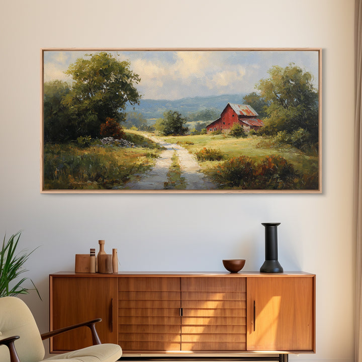 Country Road Disappearing into Green Hills Framed Canvas Print, Country Art, Statement Artwork, Farmhouse Decor, Country, COU-2x1-75