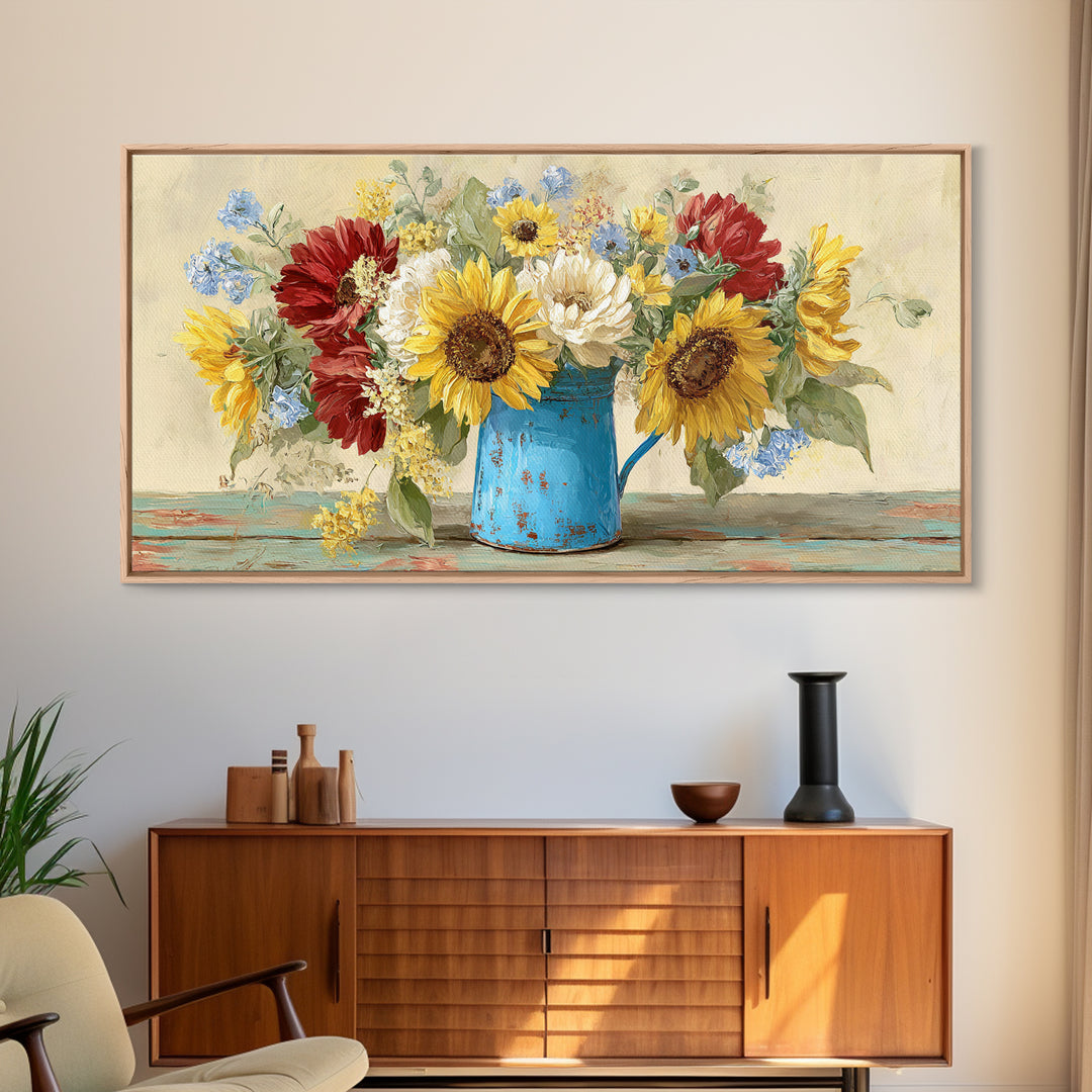 Sunflowers in a Blue Enamel Pitcher Canvas Print, Country Art, Farmhouse Decor, Country, Gallery Wall Art, Landscape Wall Art, COU-2x1-76