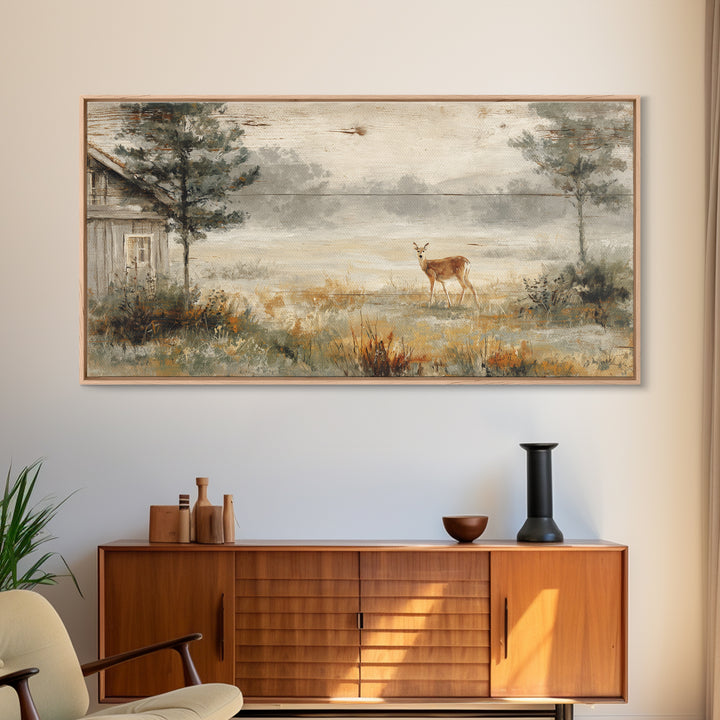 Deer Crossing a Misty Morning Field Framed Canvas Print, Country Art, French Country Decor, Farmhouse Decor, Fine Art, Country, COU-2x1-79