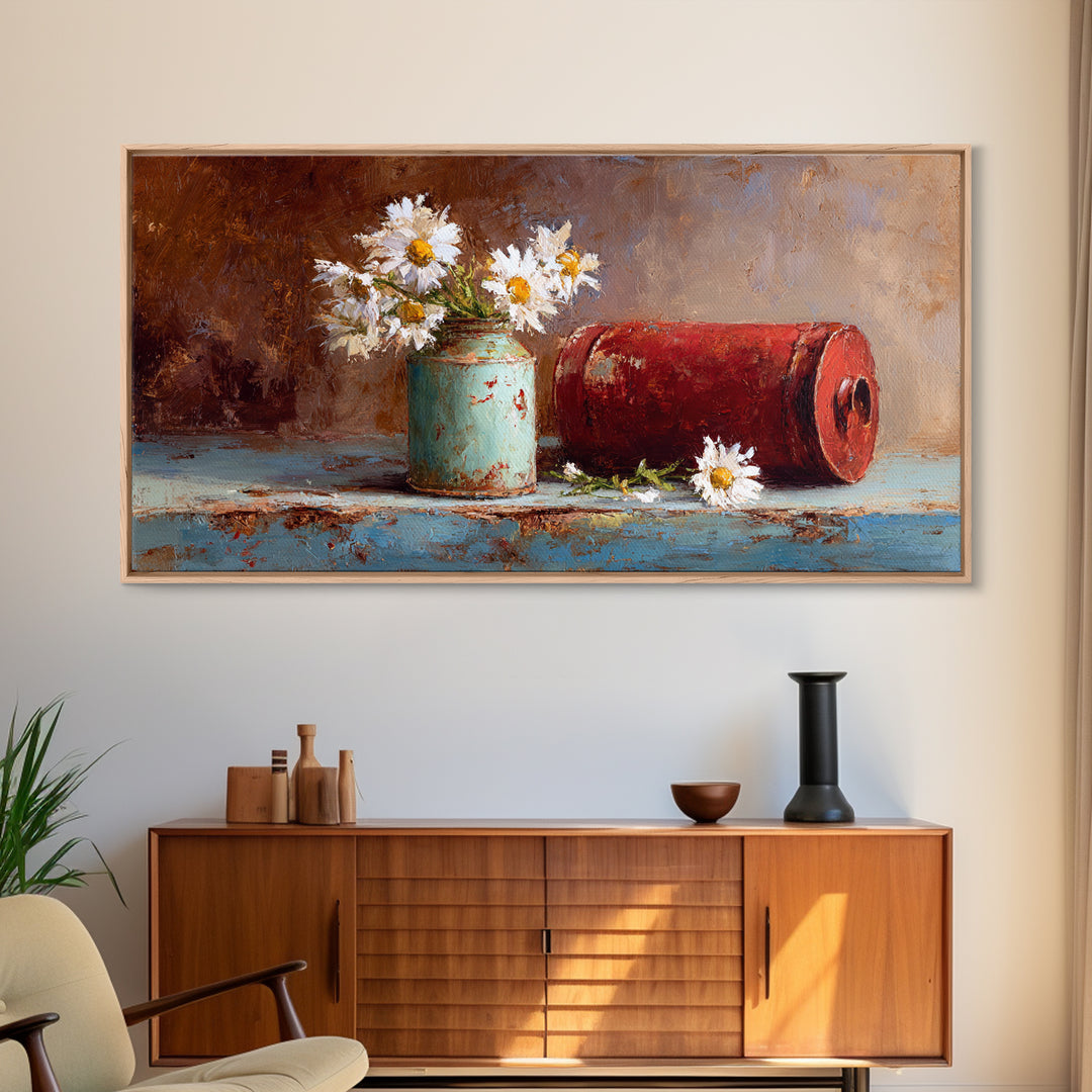 Milk Can and Daisies Rustic Still Life Framed Canvas Print, Country Art, Oil Painting, Farmhouse Decor, Watercolor Art, Country, COU-2x1-81