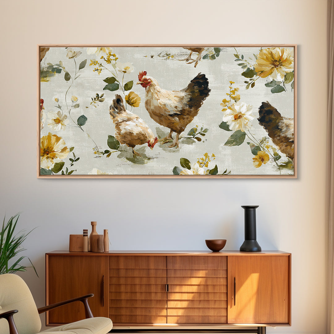 Chickens Pecking Near Garden Flowers Canvas Print, Country Art, Wall Art, Farmhouse Decor, Watercolor Art, Country, COU-2x1-82