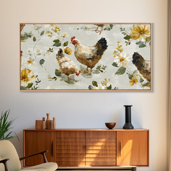 Chickens Pecking Near Garden Flowers Canvas Print, Country Art, Wall Art, Farmhouse Decor, Watercolor Art, Country, COU-2x1-82
