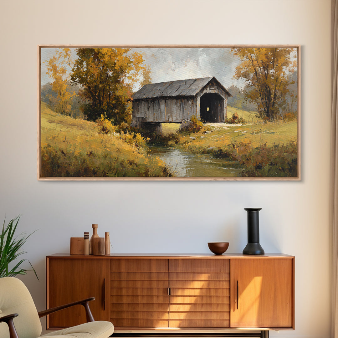 Covered Bridge over a Quiet Creek Framed Canvas Print, Country Art, Contemporary Art, Farmhouse Decor, Fine Art, Country, COU-2x1-83