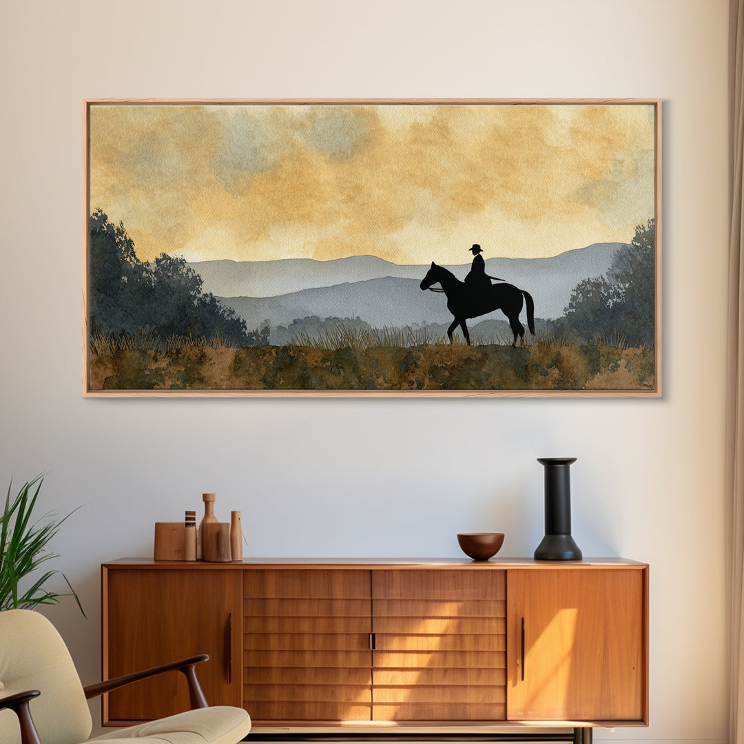 Horse and Rider Silhouette at Dusk Framed Canvas Print, Country Art, Digital Wall Art, Farmhouse Decor, Fine Art, Country, COU-2x1-85