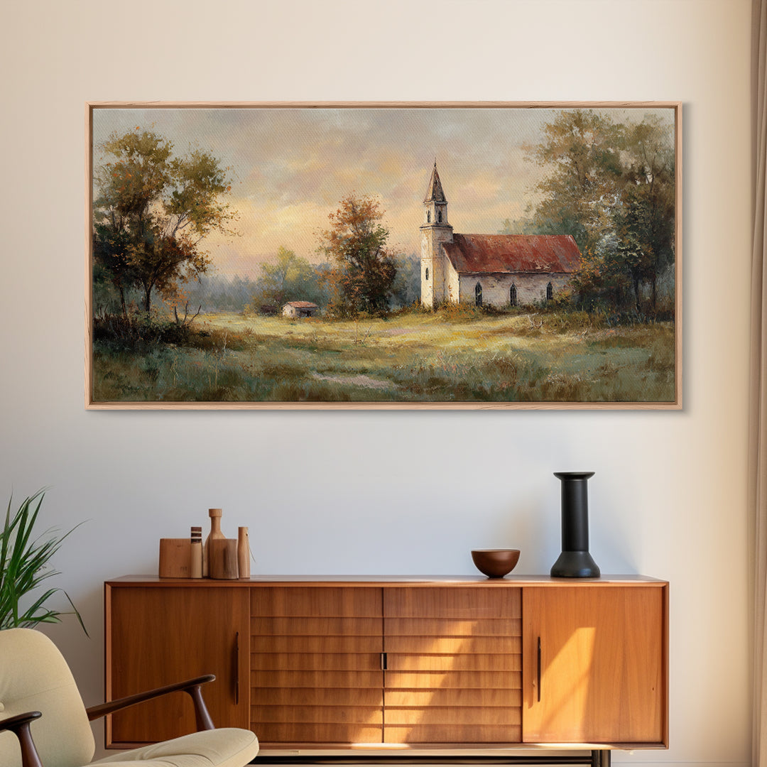 Country Church Steeple Beyond Trees Framed Canvas Print, Country Art, Digital Art Prints, Farmhouse Decor, Fine Art, Country, COU-2x1-87