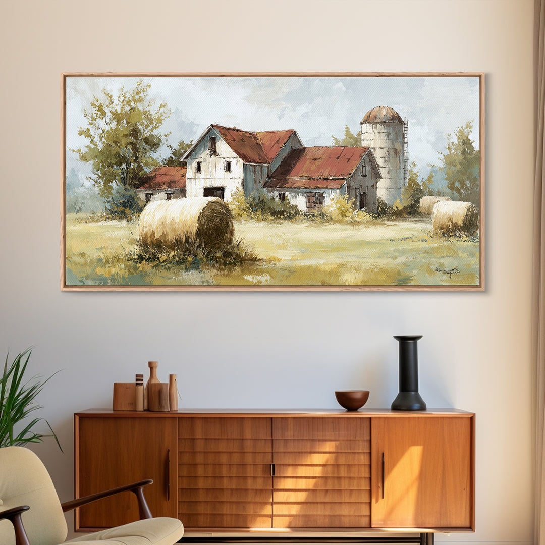 Hay Bales in Late Afternoon Sun Framed Canvas Print, Country Art, Digital Print, Farmhouse Decor, Country, French Country, COU-2x1-88