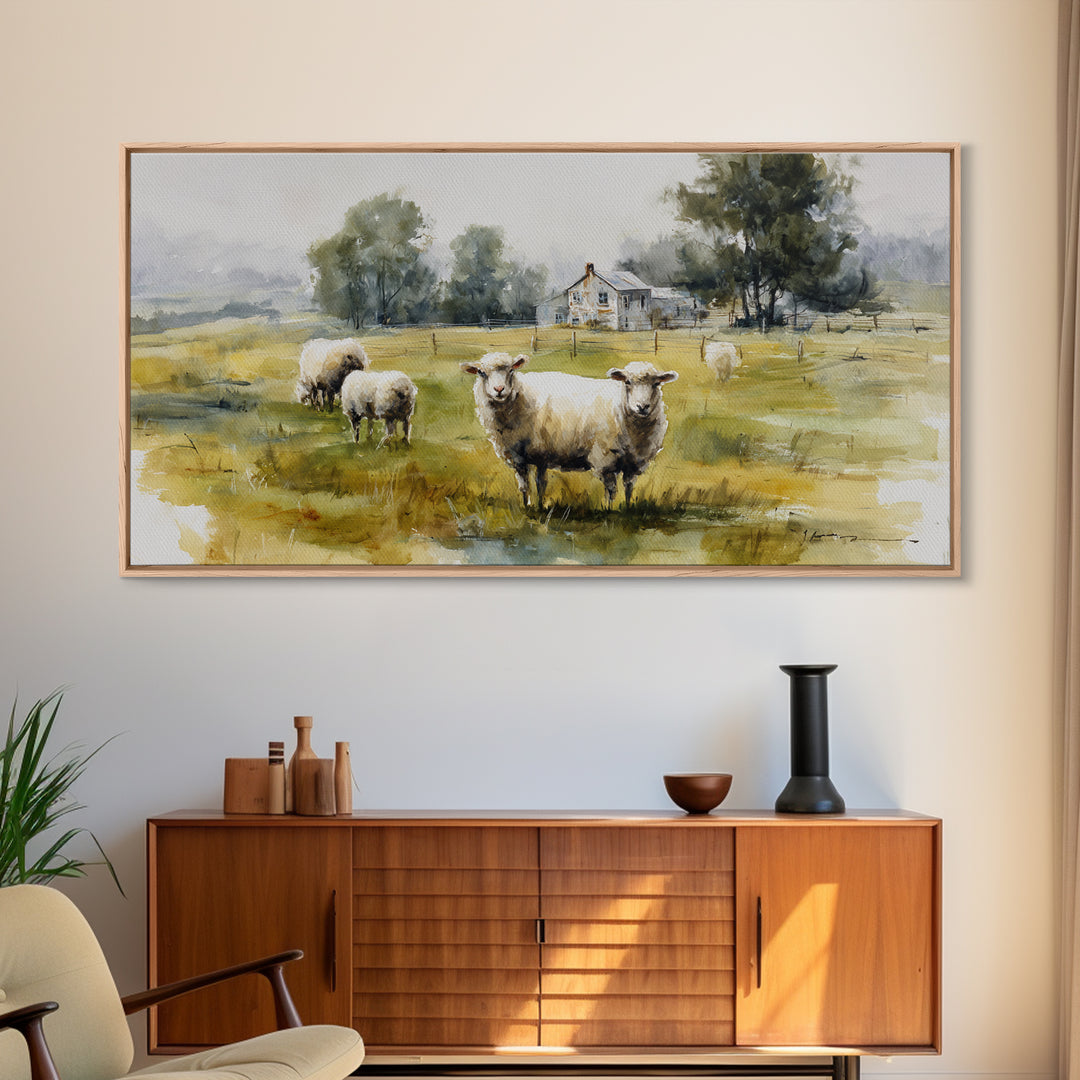 Watercolor Sheep in a Green Pasture Framed Canvas Print, Country Art, Printable Wall Art, Farmhouse Decor, Fine Art, Country, COU-2x1-91