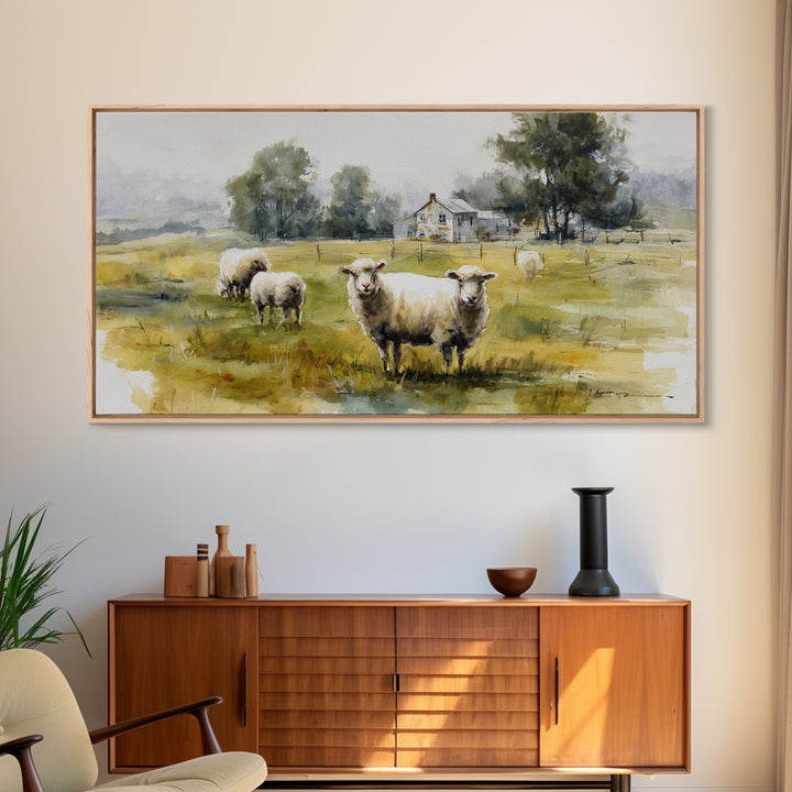 Watercolor Sheep in a Green Pasture Framed Canvas Print, Country Art, Printable Wall Art, Farmhouse Decor, Fine Art, Country, COU-2x1-91