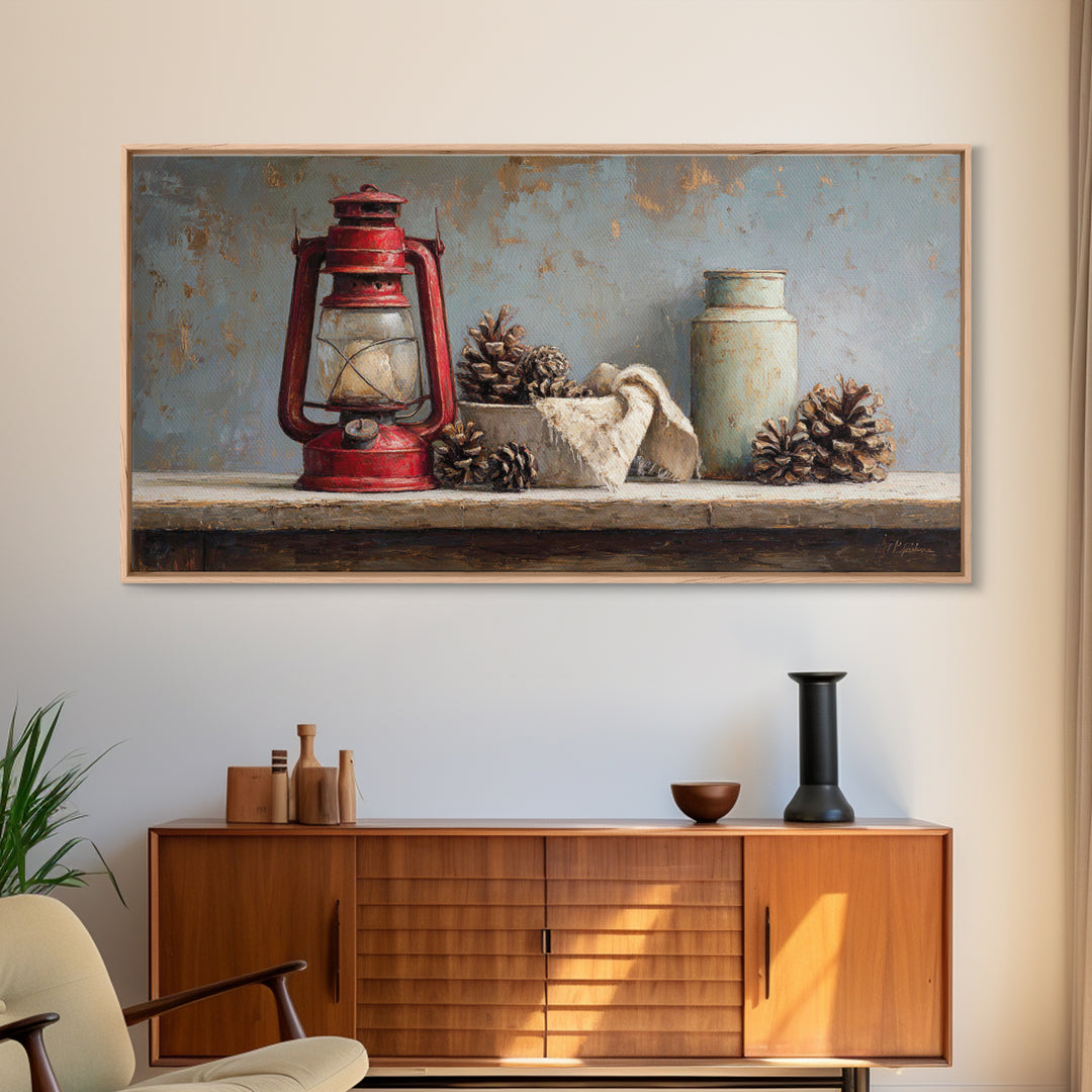 Old Lantern and Pinecones Still Life Framed Canvas Print, Country Art, Printable Art, Farmhouse Decor, Oil Painting, Country, COU-2x1-92