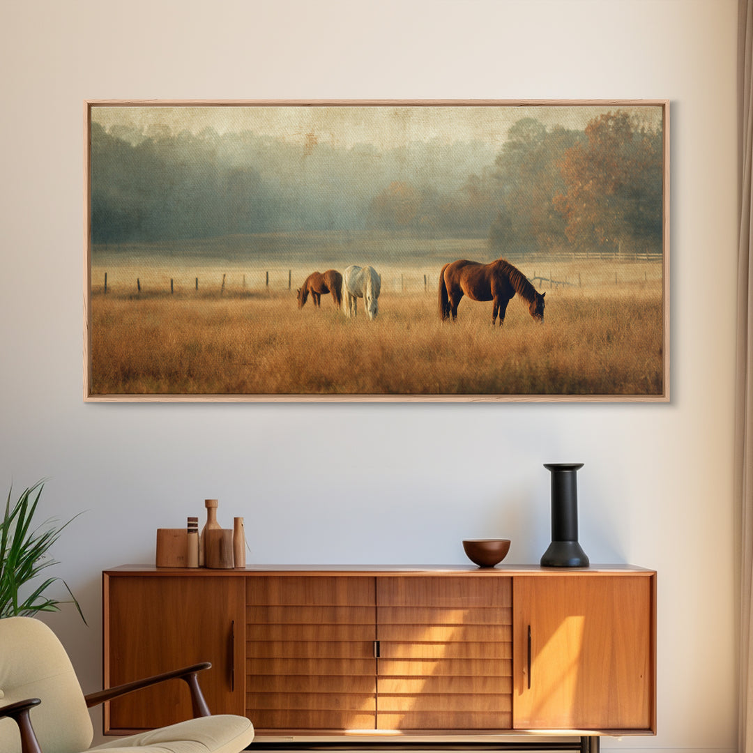 Rolling Pasture with Grazing Horses at Sunrise Canvas Print, Country Art, Large Wall Art, Farmhouse Decor, Fine Art, Country, COU-2x1-93