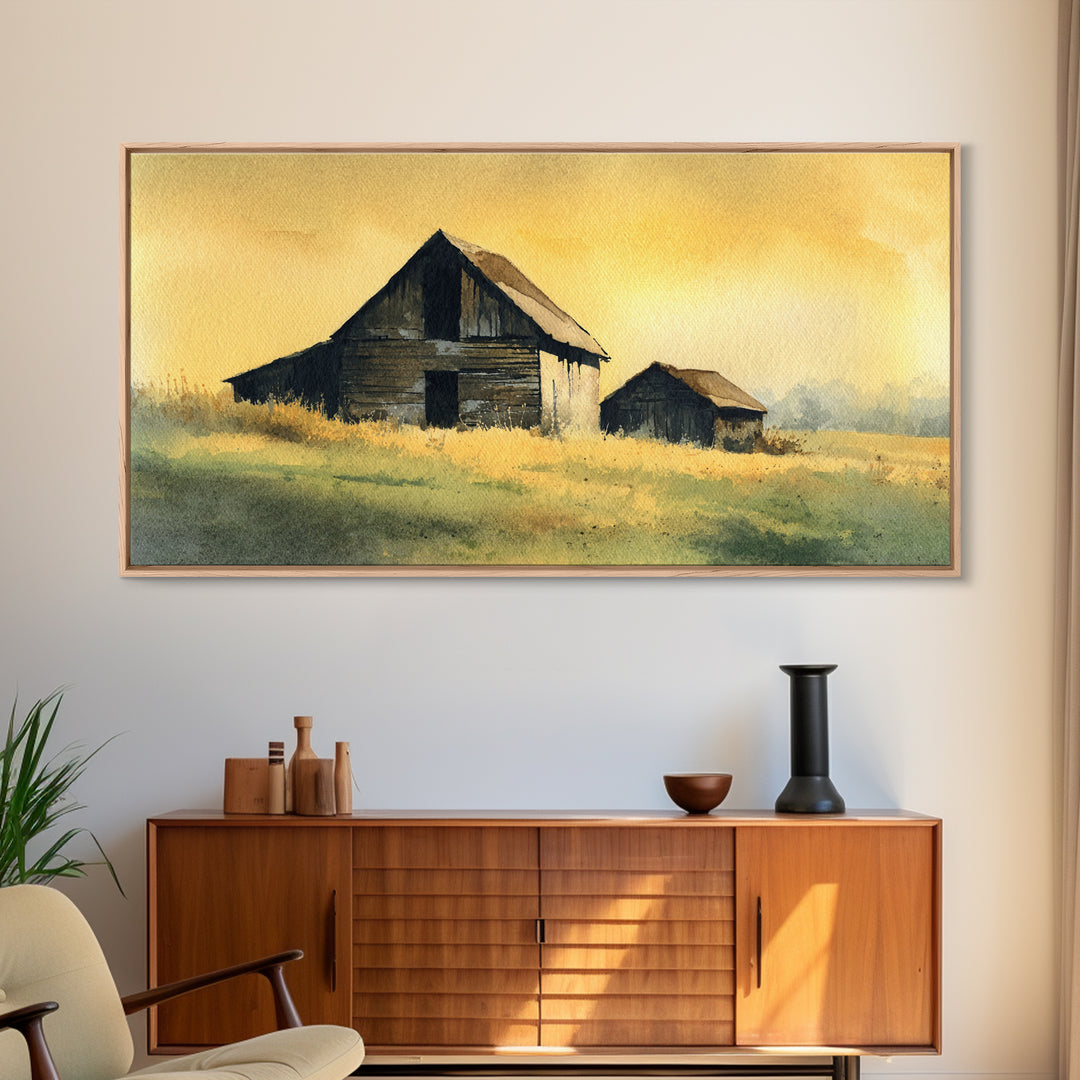 Rustic Barn Silhouette Framed Canvas Print, Country Art, Landscape Wall Art, Farmhouse Decor, Fine Art, Country, COU-2x1-95