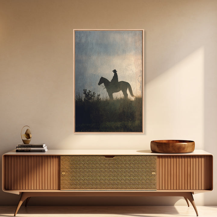 Horse and Rider Silhouette at Dusk Framed Canvas Print, Country Art, Wall Art, Farmhouse Decor, Fine Art, Country, COU-2x3-1