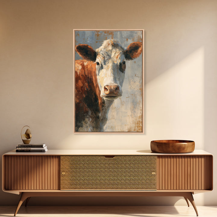 Cow Portrait with Gentle Farmhouse Personality Framed Canvas Print, Country Art, Minimalist Decor, Farmhouse Decor, Country, COU-2x3-12