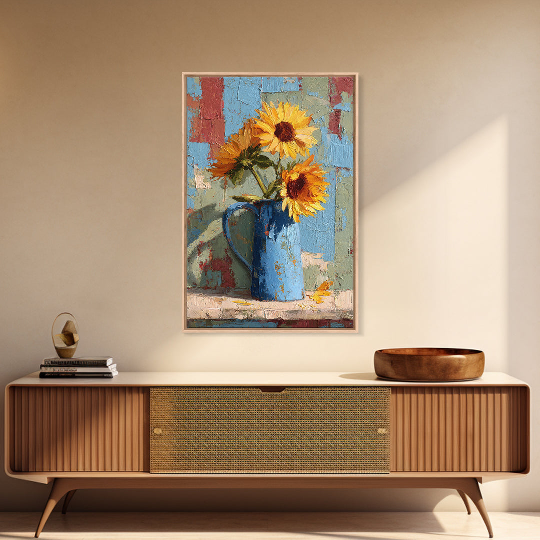 Sunflowers in a Blue Enamel Pitcher Canvas Print, Country Art, Floral Wall Art, Farmhouse Decor, Country, Fine Art Print, COU-2x3-16