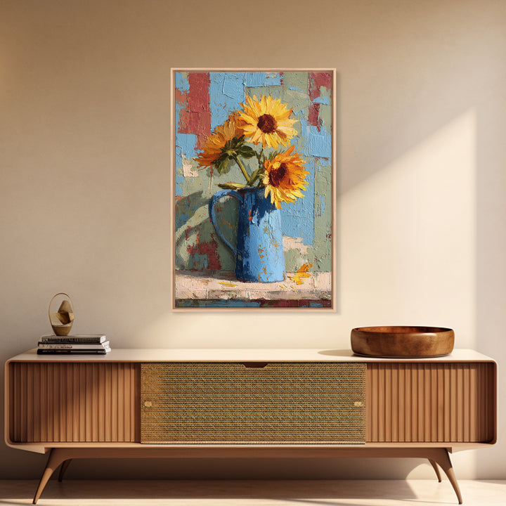 Sunflowers in a Blue Enamel Pitcher Canvas Print, Country Art, Floral Wall Art, Farmhouse Decor, Country, Fine Art Print, COU-2x3-16