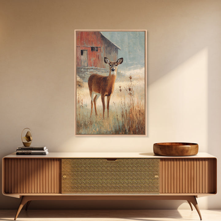 Deer Crossing a Misty Morning Field Framed Canvas Print, Country Art, Wall Decor, Farmhouse Decor, Fine Art, Country, COU-2x3-19