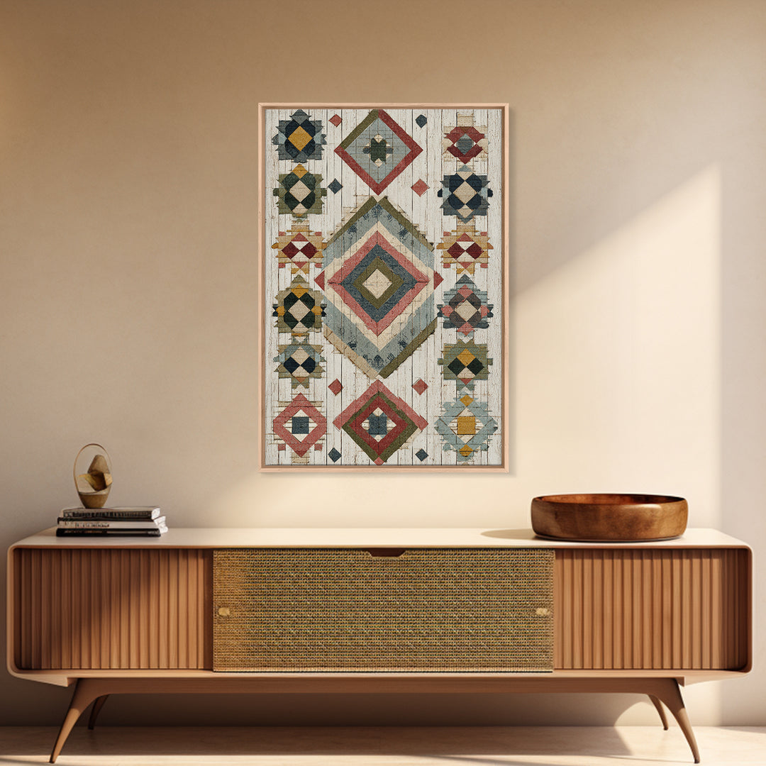 Quilt Geometric Folk Pattern Framed Canvas Print, Country Art, Farmhouse Decor, Abstract Art, Country, Watercolor Painting, COU-2x3-20