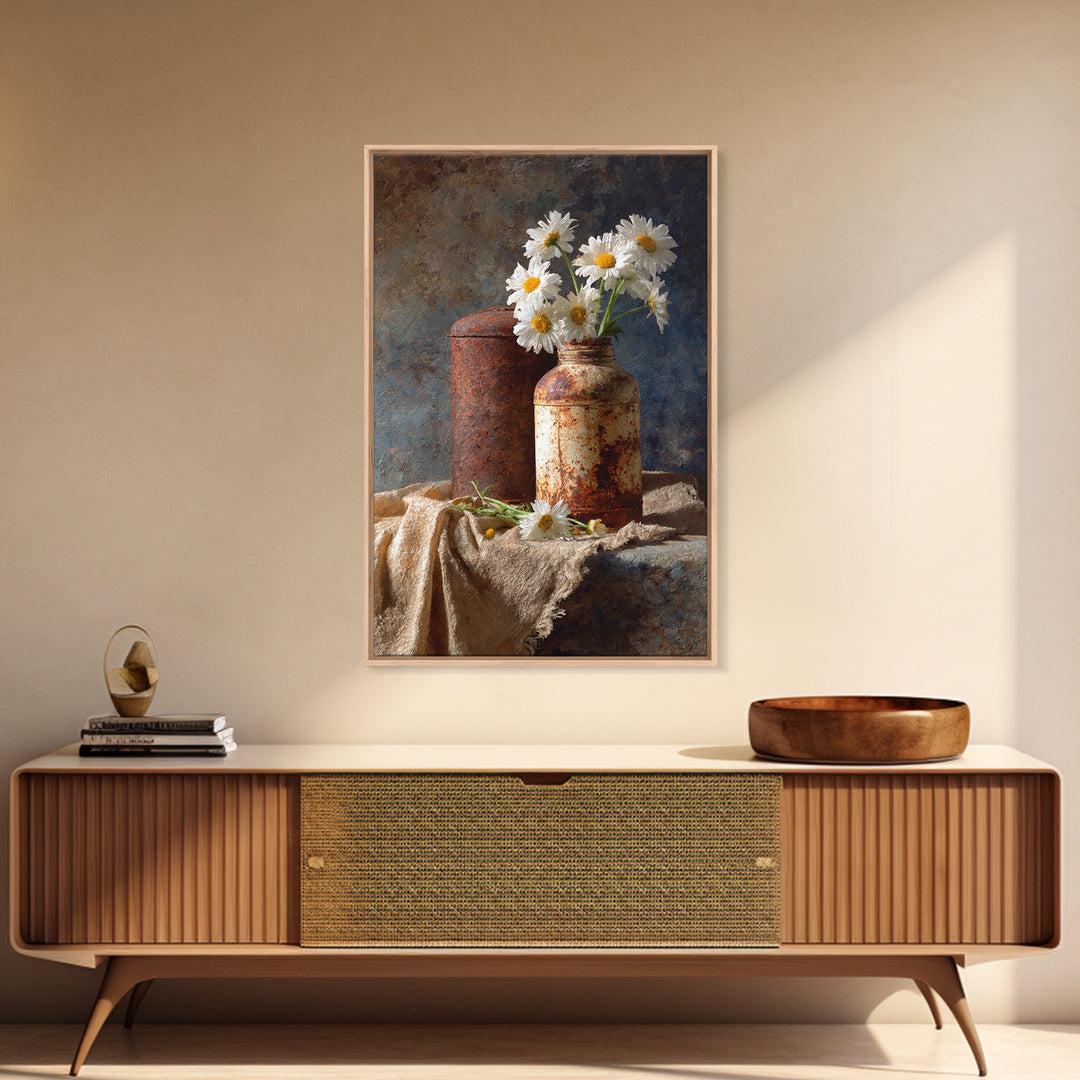 Milk Can and Daisies Rustic Still Life Framed Canvas Print, Country Art, Farmhouse Decor, Oil Painting, Country, COU-2x3-21