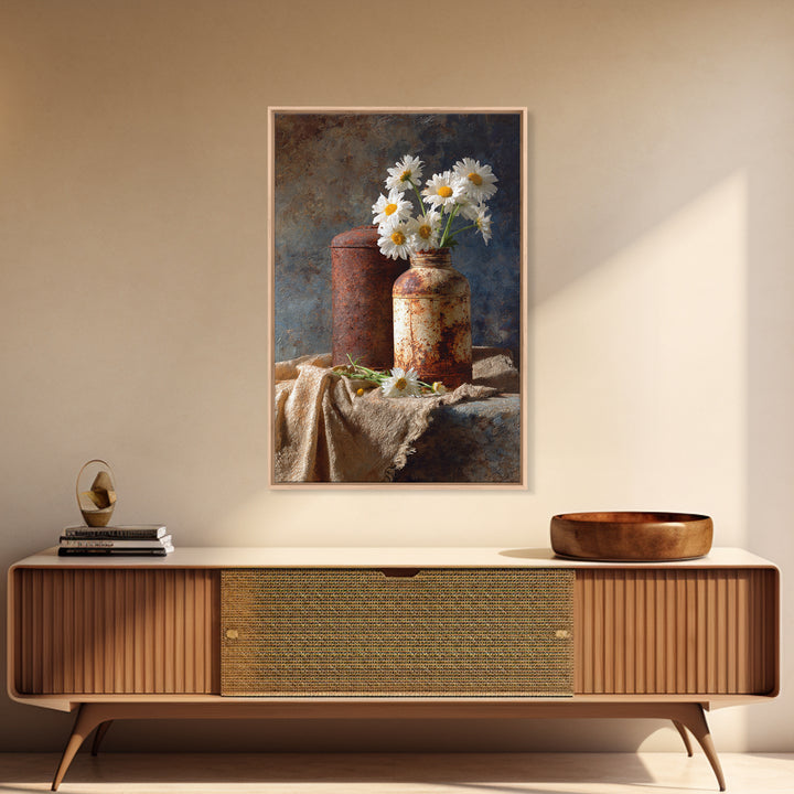 Milk Can and Daisies Rustic Still Life Framed Canvas Print, Country Art, Farmhouse Decor, Oil Painting, Country, COU-2x3-21