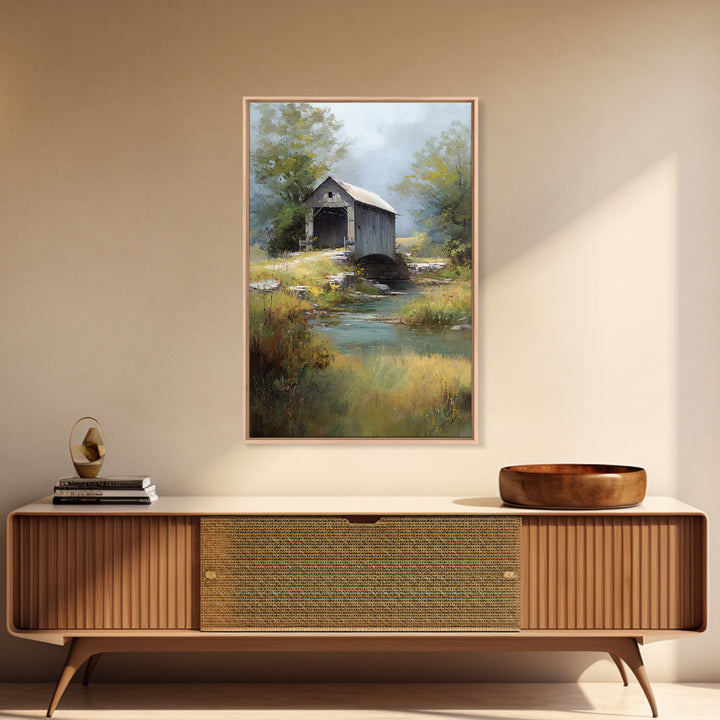 Covered Bridge over a Quiet Creek Canvas Print, Country Art, Luxury Decor, Farmhouse Decor, Fine Art, Country, COU-2x3-23