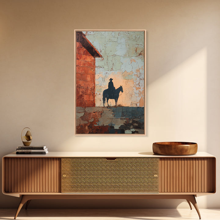 Horse and Rider Silhouette at Dusk Framed Canvas Print, Country Art, Wall Art, Farmhouse Decor, Fine Art, Country, COU-2x3-25