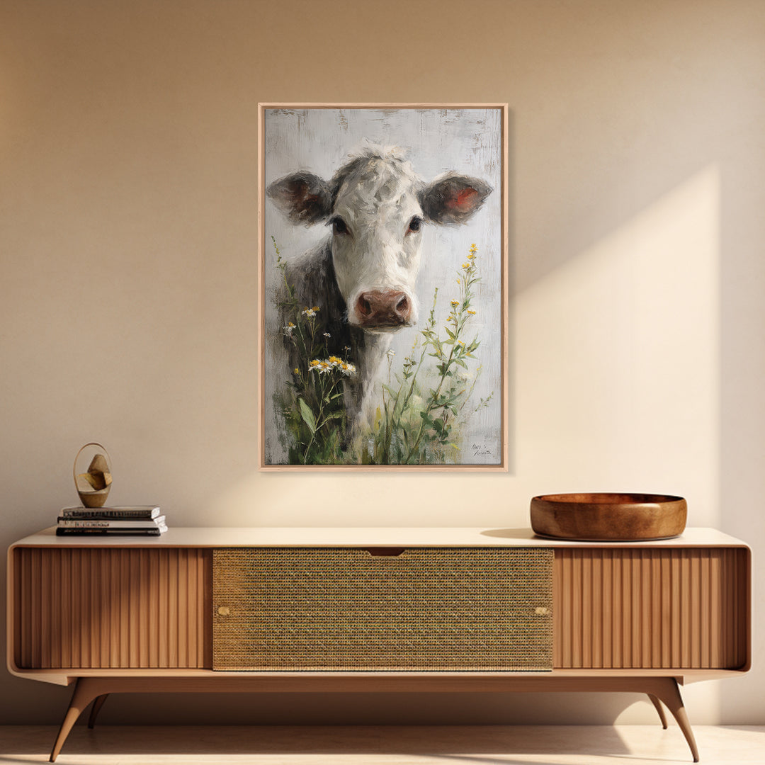 Cow Portrait with Gentle Farmhouse Personality Framed Canvas Print, Country Art, Digital Art Prints, Farmhouse Decor, Country, COU-2x3-36