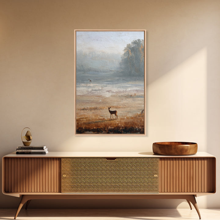 Deer Crossing a Misty Morning Field Framed Canvas Print, Country Art, Contemporary Art, Farmhouse Decor, Fine Art, Country, COU-2x3-43