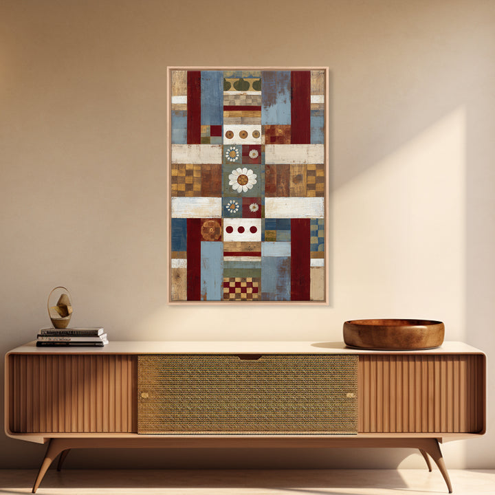 Quilt Geometric Folk Pattern Framed Canvas Print, Country Art, Landscape Wall Art, Farmhouse Decor, Abstract Art, Country, COU-2x3-44